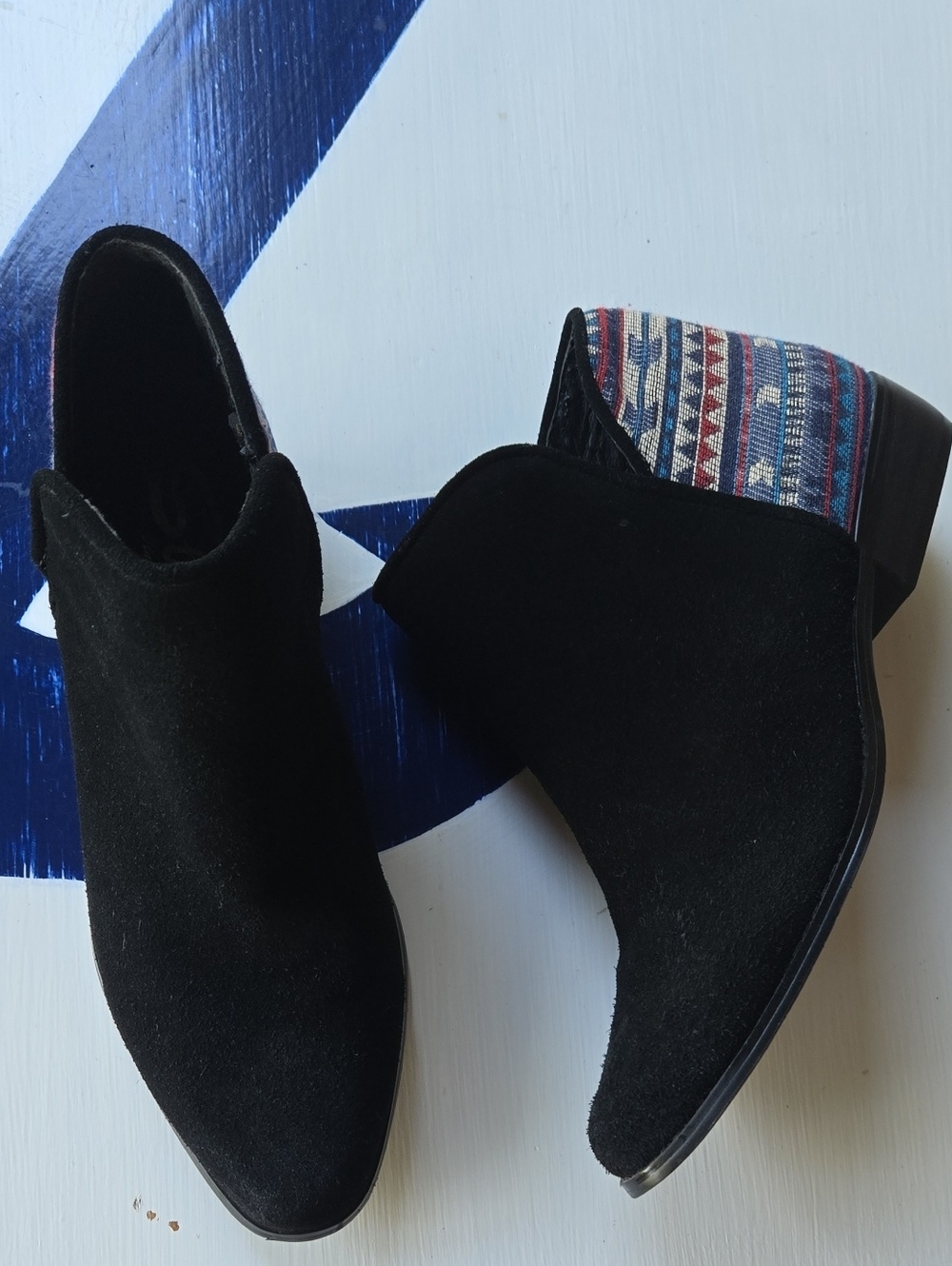 Sbicca "Circa" Black Suede Ankle Boot with Aztec Tapestry Accent Size 7.5
